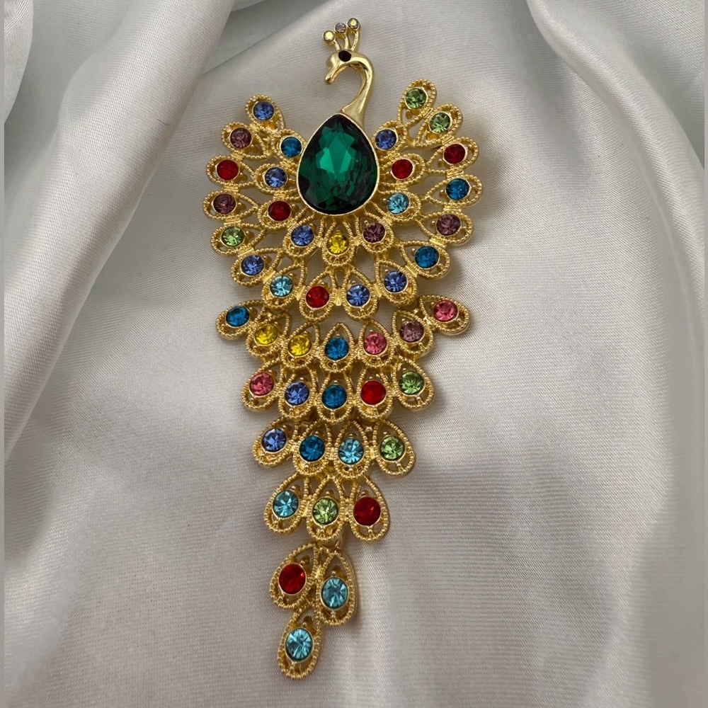 New! Peacock Brooch with Multicolor Gems
